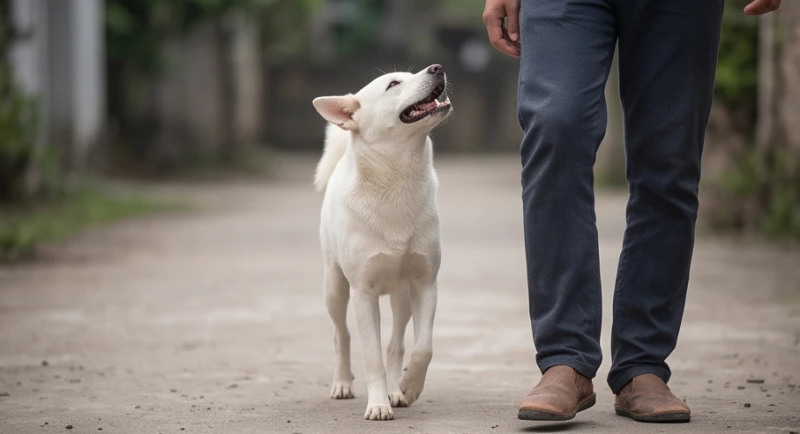 Chú chó lông trắng vui vẻ quấn quít bên gót chân người chủ trên con đường nhỏ