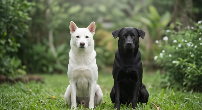Chú chó màu trắng và chó đen cùng ngồi tĩnh lặng cạnh nhau trong khu vườn
