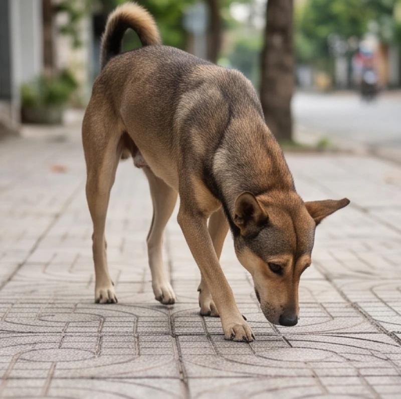 Chú chó đang cúi mõm sát mặt đất để đánh hơi dọc theo vỉa hè nhằm tự tìm đường về nhà