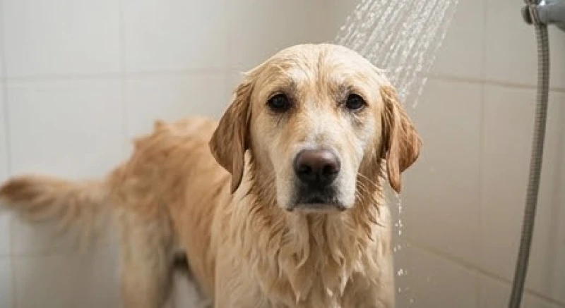 Mơ thấy tắm cho chó: Giải mã điềm báo và con số may mắn 7 Chú chó ướt sũng nước đang đứng ngoan ngoãn dưới vòi sen với ánh mắt hiền lành và thư giãn
