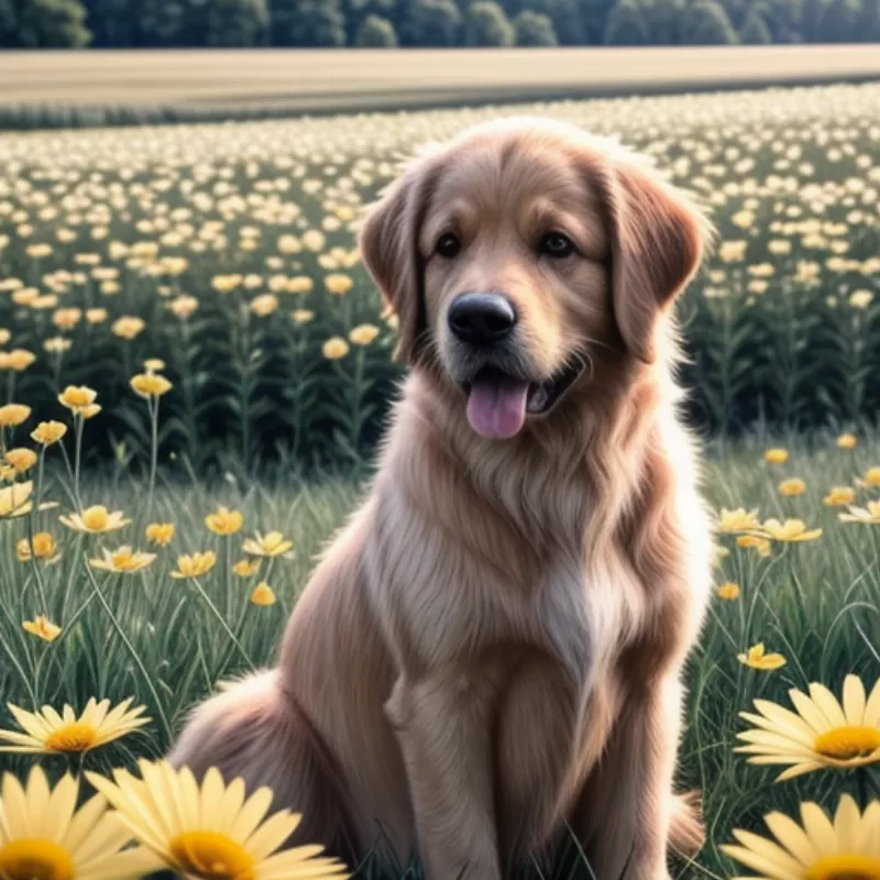 Chó vàng và hoa cúc