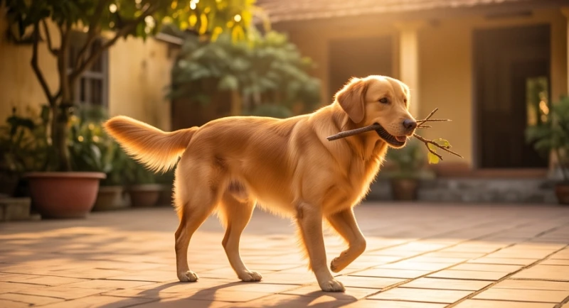 Chú chó lông vàng óng ả bước đi khoan thai giữa khoảng sân rộng ngập tràn ánh nắng sáng