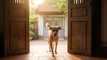 Chú chó vui vẻ bước vào sân nhà giúp giải đáp thắc mắc chó vào nhà là điềm gì trong phong thủy Á Đông