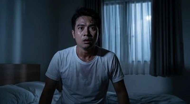 Người đàn ông ngồi bật dậy trên giường với khuôn mặt đầy mồ hôi sau cơn ác mộng