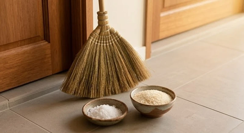 Tuổi Tuất nhập trạch ngày nào tốt: lịch chuẩn & kịch bản hành lễ 12 Chiếc chổi mới cùng các đĩa muối gạo đặt trước thềm nhà chuẩn bị cho nghi thức tịnh hóa không gian