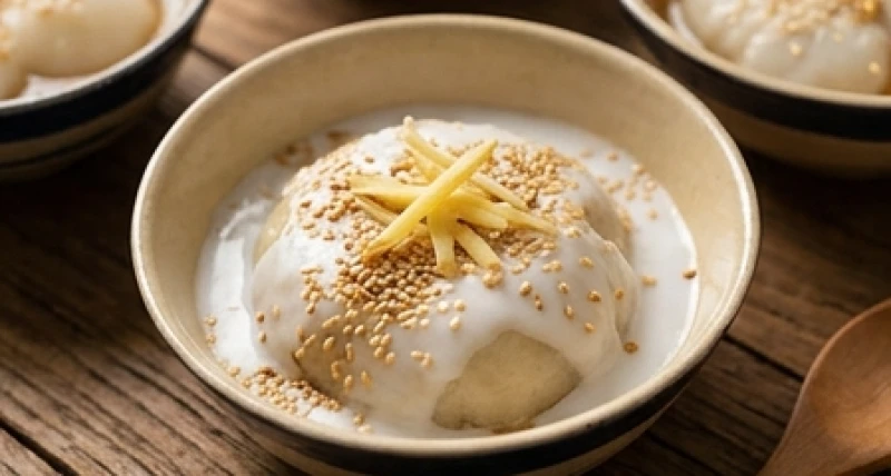 Bát bánh chay với nước cốt dừa sánh mịn điểm xuyết thêm vài sợi gừng vàng tươi và hạt vừng rang thơm lừng