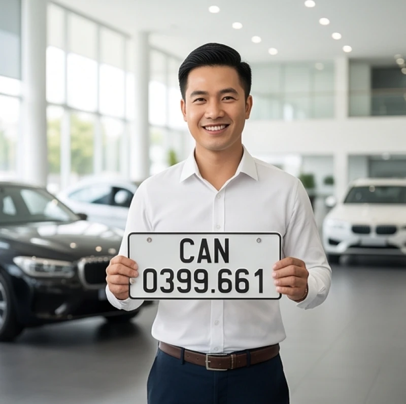 Chủ xe tuổi Mão đang mỉm cười tự tin cầm trên tay chiếc biển số xe ô tô mới bấm