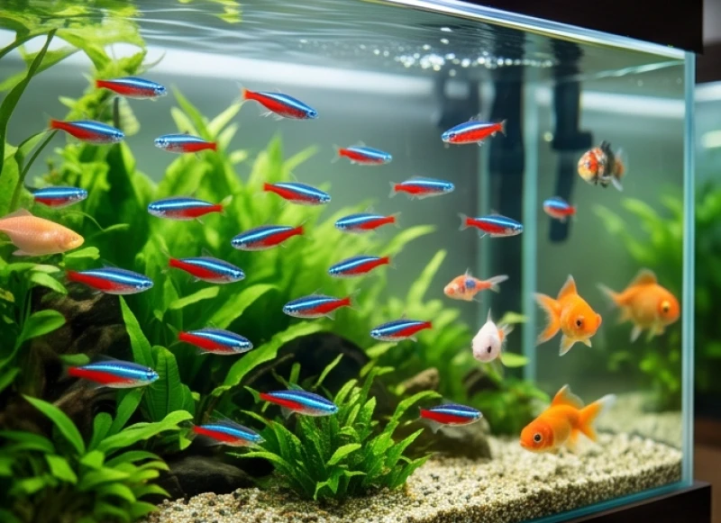 Đàn cá cảnh nhiều màu sắc bơi lội tung tăng thể hiện sự đa dạng theo ngũ hành bản mệnh