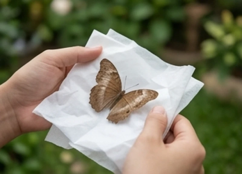 Đôi bàn tay cẩn thận dùng khăn giấy mềm gói thân xác con bướm nâu đã chết để đem đi chôn