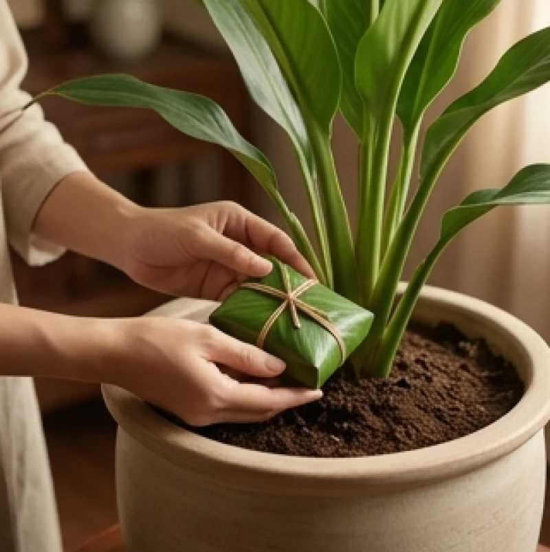 Bàn tay cẩn thận dùng lá cây tươi bọc kín xác bướm xám và đặt vào lớp đất tơi xốp của chậu cây cảnh