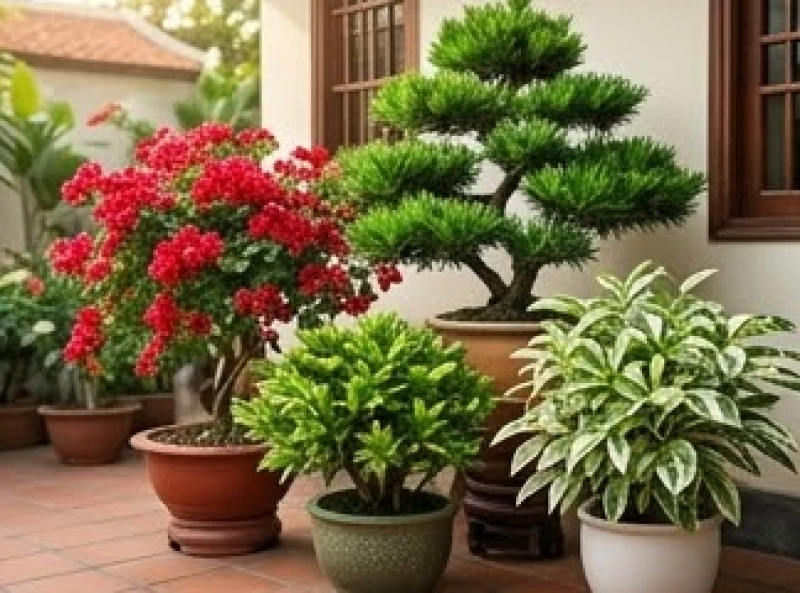 Các chậu cây phong thủy có màu sắc đa dạng được sắp xếp hợp lý để cân bằng ngũ hành sân vườn