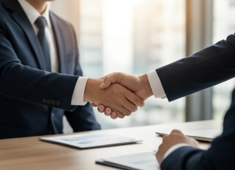 Hai người mặc vest chuyên nghiệp đang bắt tay hợp tác kinh doanh thành công