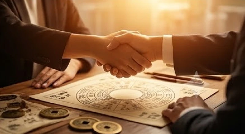 Tam hội là gì: Bảng tra 4 hội cục và cách luận giải Bát tự 8 Hai bàn tay đan vào nhau trên nền bàn cờ phong thủy trong một buổi thương lượng