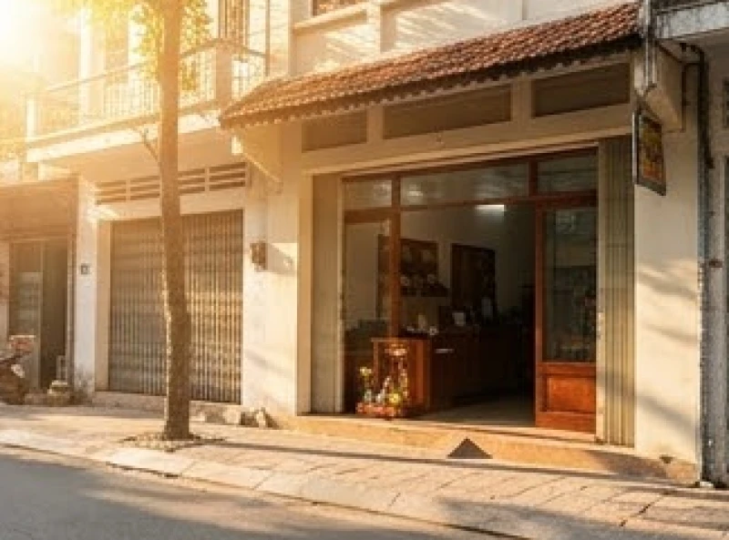 Ánh nắng bình minh chiếu rọi mặt tiền cửa hàng rực rỡ vào khung giờ Hoàng đạo buổi sáng mùa xuân