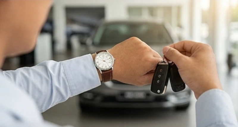 Chủ nhân chiếc xe mới cẩn thận kiểm tra đồng hồ để đảm bảo thủ tục bàn giao diễn ra đúng giờ hoàng đạo