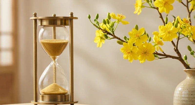 Tuổi Sửu sinh con năm nào tốt: Bảng điểm 2025 - 2030 14 Đồng hồ cát bằng đồng cổ điển đang chảy chậm rãi bên cạnh nhành hoa mai vàng tươi