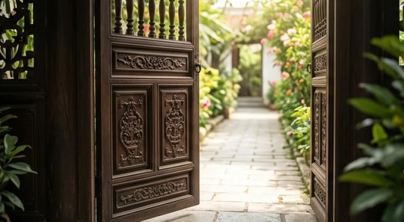 Chiếc cổng gỗ truyền thống mở ra lối đi ngập tràn ánh nắng ấm áp của buổi sớm mai