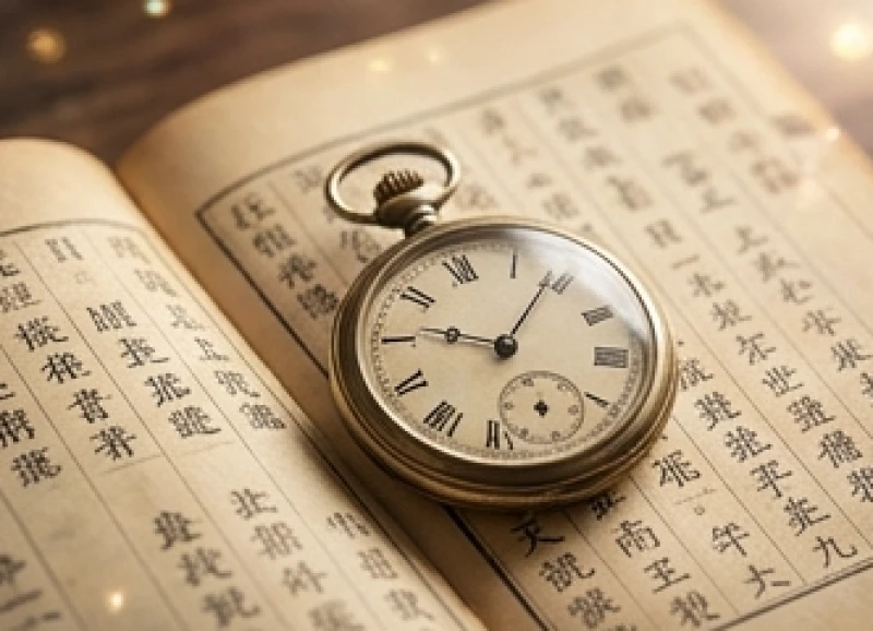 Chiếc đồng hồ quả quýt cổ điển đặt cạnh cuốn lịch chỉ khung giờ hoàng đạo