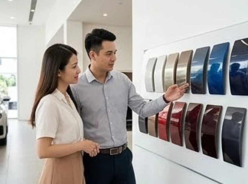Người đàn ông và phụ nữ đang xem xét bảng màu sơn ngoại thất tại đại lý ô tô