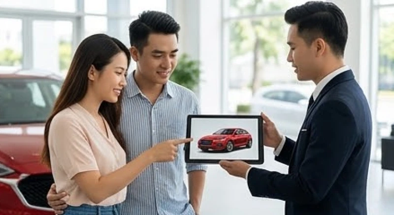 Tuổi Tuất mua xe màu gì: Chuẩn Cung phi nam nữ và cách hóa giải 2 Một cặp vợ chồng trẻ đang nhận tư vấn chọn màu sơn xe hơi phù hợp với giới tính