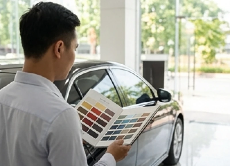 Biển số xe hợp tuổi Tuất: Bảng tra các năm & cách tính nút 4 Một người đàn ông đang tập trung tra cứu bảng màu sắc tương sinh cho chiếc xe ô tô mới của mình