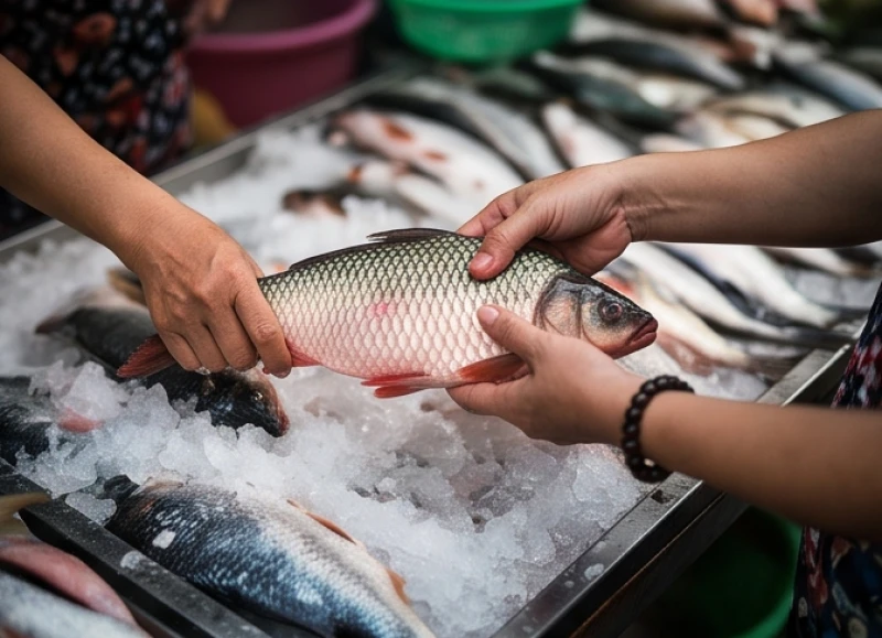 Mơ thấy chợ cá là điềm gì? Giải mã chi tiết và số may mắn 5 Người mua đang chọn những con cá tươi ngon nhất tại một sạp hàng hải sản