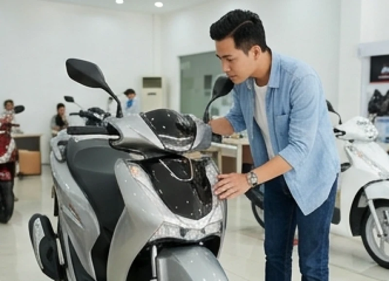 Tử vi tuổi Giáp Thân 2004 năm 2026: diễn biến 12 tháng chi tiết 6 Thanh niên đang xem xét kỹ lưỡng chiếc xe máy mới tại cửa hàng trước khi quyết định chi trả số tiền
