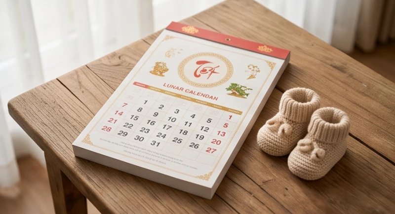 Tuổi Thân sinh con năm nào tốt: Chọn năm và hóa giải xung khắc 1 Cuốn lịch vạn niên và đôi giày len nhỏ của em bé đặt trên bàn gỗ