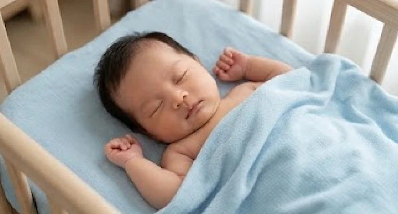 Tứ hành xung tuổi Dậu: Phân định mức độ kỵ theo từng nạp âm 5 Em bé đang ngủ bình yên trên chiếc giường nhỏ trải chăn màu xanh lam nhạt, biểu tượng của năng lượng hành Thủy