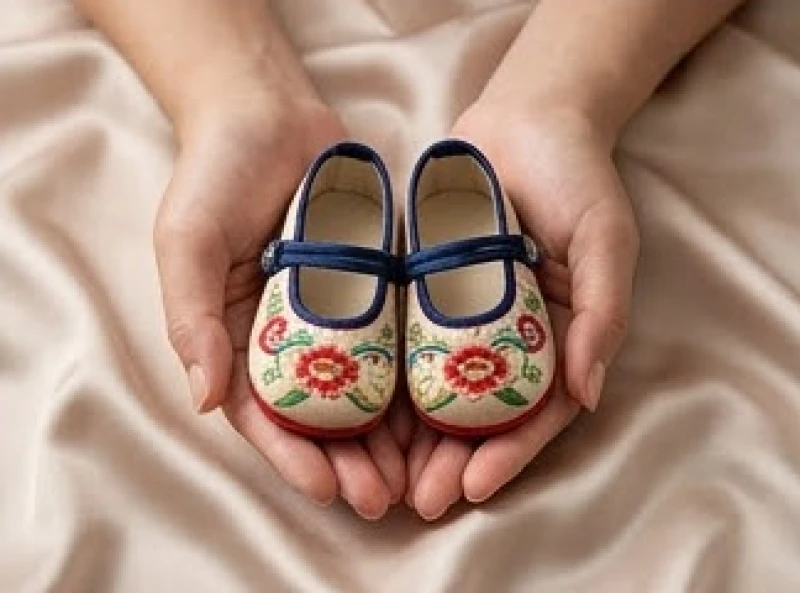 Bàn tay người mẹ nhẹ nhàng nâng niu đôi giày nhỏ của em bé với hy vọng về một gia đạo thuận hòa vượng khí