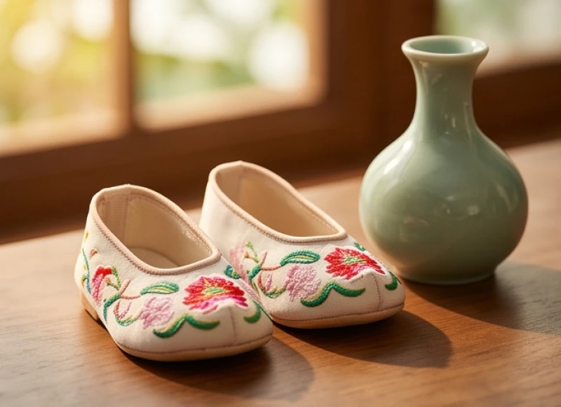 Đôi hài trẻ em nhỏ nhắn đặt cẩn thận cạnh bình gốm mang ý nghĩa gia đạo bình an và trọn vẹn