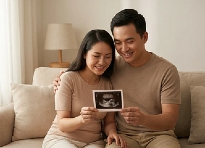 Tuổi Sửu hợp sinh con tuổi gì: Ma trận phối tuổi & hóa giải 7 Hai vợ chồng đang cùng nhau thảo luận và mỉm cười khi xem kết quả siêu âm thai nhi