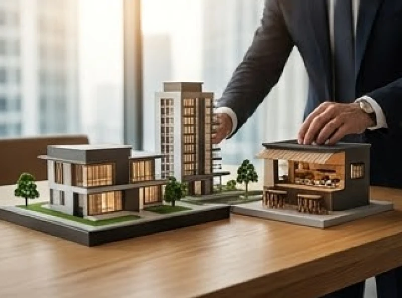 Mô hình bất động sản thương mại thu nhỏ trên bàn làm việc của chuyên gia hoạch định chiến lược