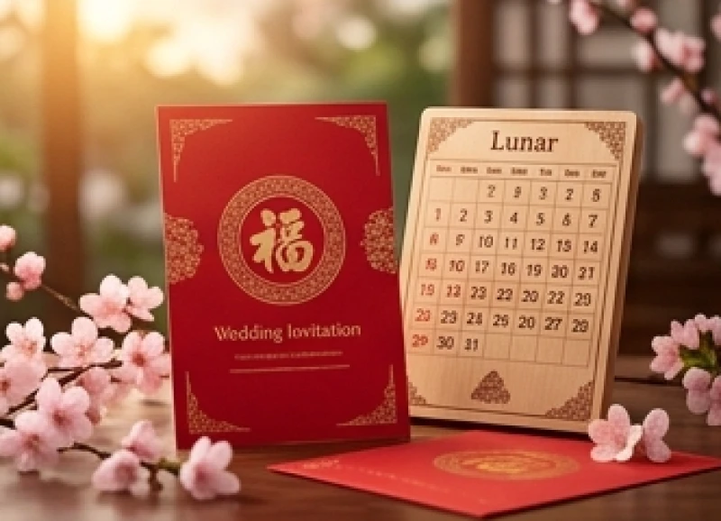 Cuốn lịch đỏ truyền thống và thiệp cưới đặt trên bàn trang trí hoa tươi