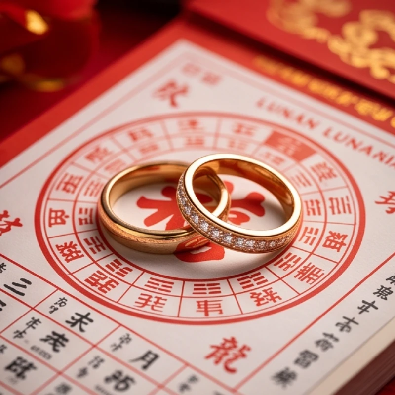 Cuốn lịch đỏ truyền thống và cặp nhẫn cưới, tượng trưng cho việc chọn năm sinh tháng đẻ và thời điểm kết hôn cát lợi