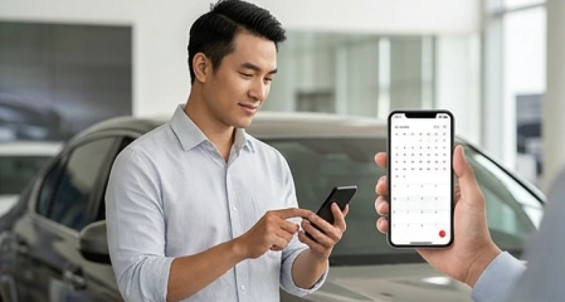 Nam giới đang tra cứu lịch vạn niên trên điện thoại để xem người tuổi tuất mua xe ngày nào tốt