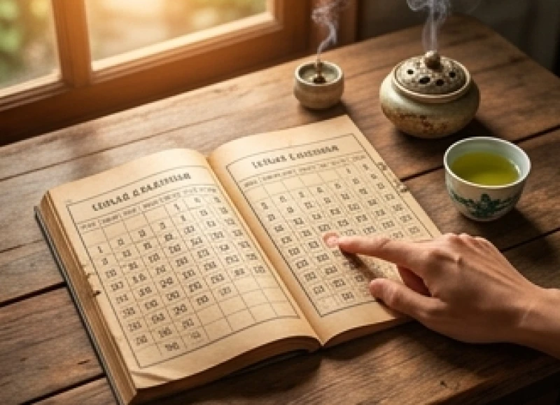 Cuốn lịch vạn niên mở ra để tra cứu ngày giờ hoàng đạo cho lễ cúng dứt Mụ