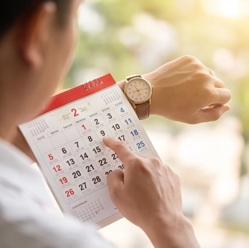 Gia chủ kiểm tra lịch vạn niên và đồng hồ để chọn thời điểm cát tinh chiếu tới cho việc gác đòn dông