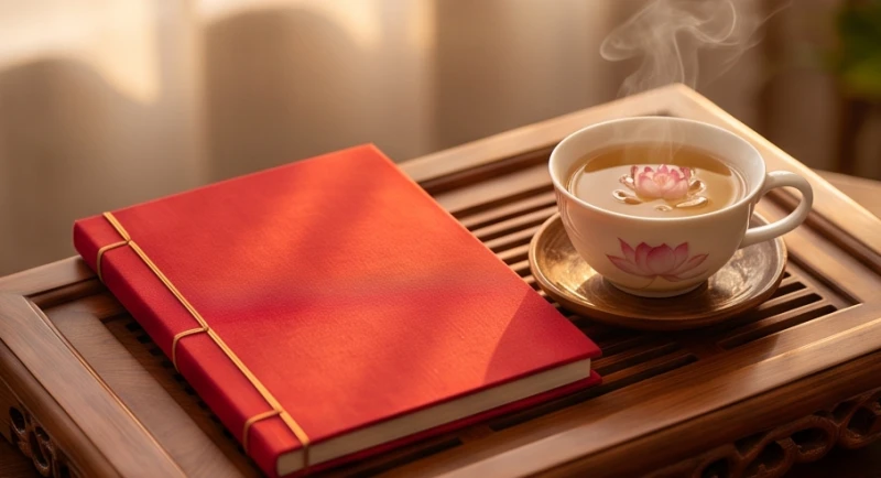 Cuốn sổ bọc lụa đỏ ghi chép ngày giờ và bản mệnh đặt cạnh tách trà sen đang tỏa khói ấm áp