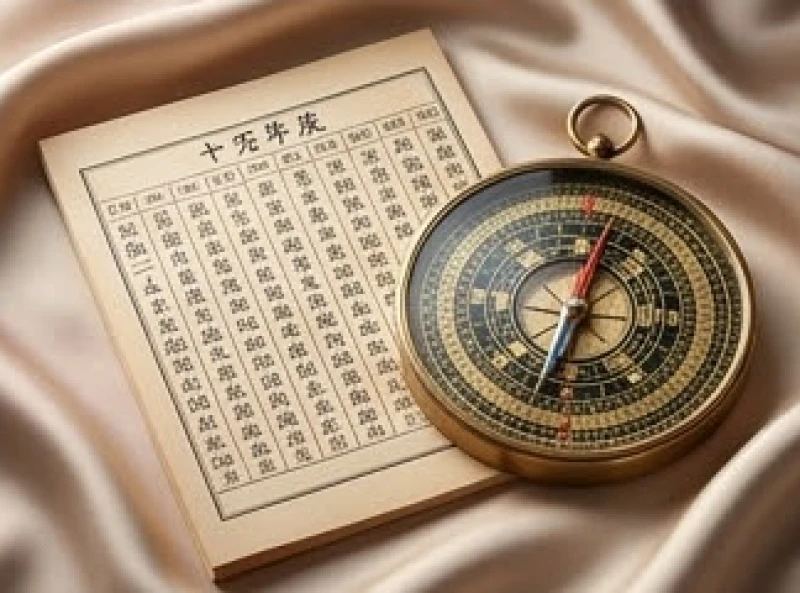 Quyển lịch vạn niên truyền thống và chiếc la bàn phong thủy bằng đồng chạm khắc tinh xảo đặt trên nền lụa cổ điển