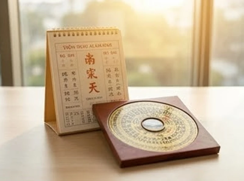 Văn khấn khai trương: Bài cúng chuẩn và quy trình nghi lễ bài bản 3 Cuốn lịch vạn niên và la bàn phong thủy đặt trên bàn gỗ dùng để chọn ngày giờ hoàng đạo