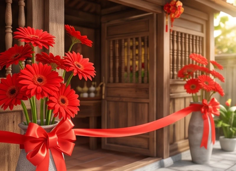 Lẵng hoa đồng tiền đỏ rực rỡ và dải băng khánh thành đặt trước cửa hàng trong ngày khai trương