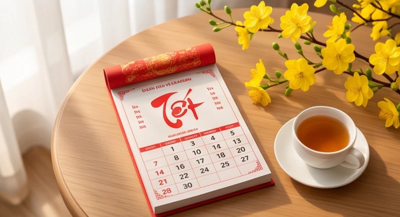Tình duyên tuổi Mùi năm 2026: Chi tiết từng tuổi và lịch cưới 6 Cuốn lịch đỏ truyền thống được đặt cạnh tách trà nóng và cành hoa mai vàng rực rỡ