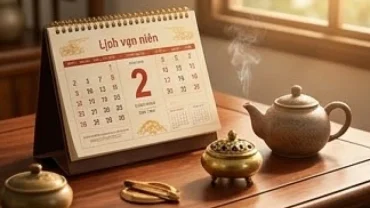 Quyển lịch vạn niên mở trên bàn gỗ bên ấm trà để chọn ngày tốt cho tuổi hợi tiến hành đại sự