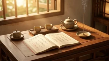Bàn làm việc với cuốn lịch vạn niên và tách trà dùng để chọn ngày tốt cho tuổi mùi khởi sự