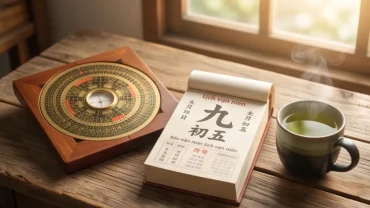 Lịch vạn niên và la bàn phong thủy đặt trên bàn gỗ hỗ trợ chọn ngày tốt cho tuổi tý