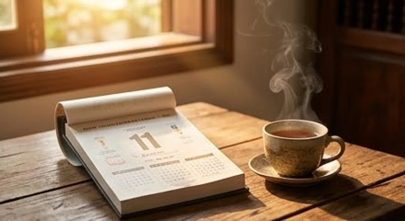 Văn khấn trước khi bao sái bàn thờ: Bài cúng xin phép đúng lễ 1 Lịch âm dương và chén trà đặt trên chiếc bàn gỗ cổ để chuẩn bị chọn ngày tốt lau dọn ban thờ