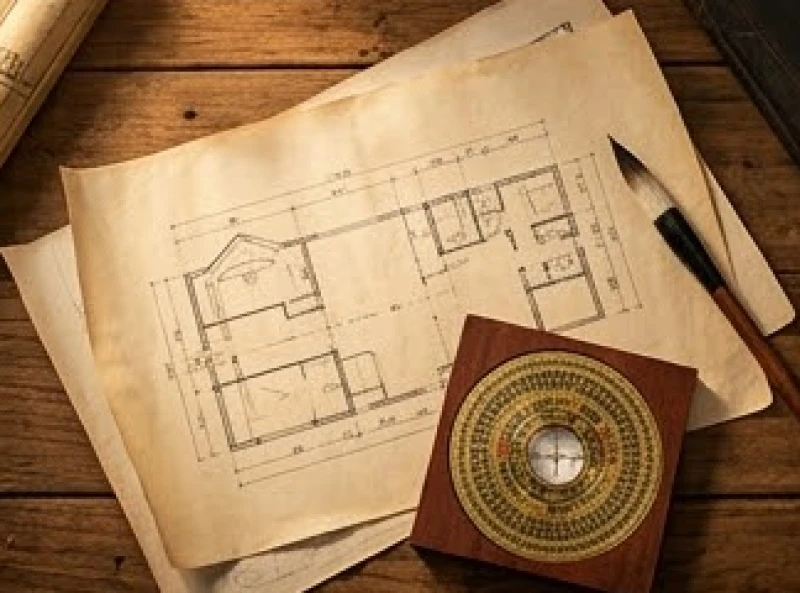 Bản vẽ thiết kế nhà và la bàn phong thủy được chuẩn bị kỹ lưỡng trước lễ động thổ làm nhà