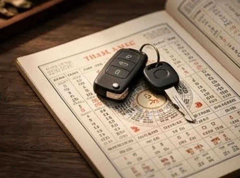 Chìa khóa xe ô tô mới đặt cạnh cuốn lịch vạn niên trang trọng trên bàn