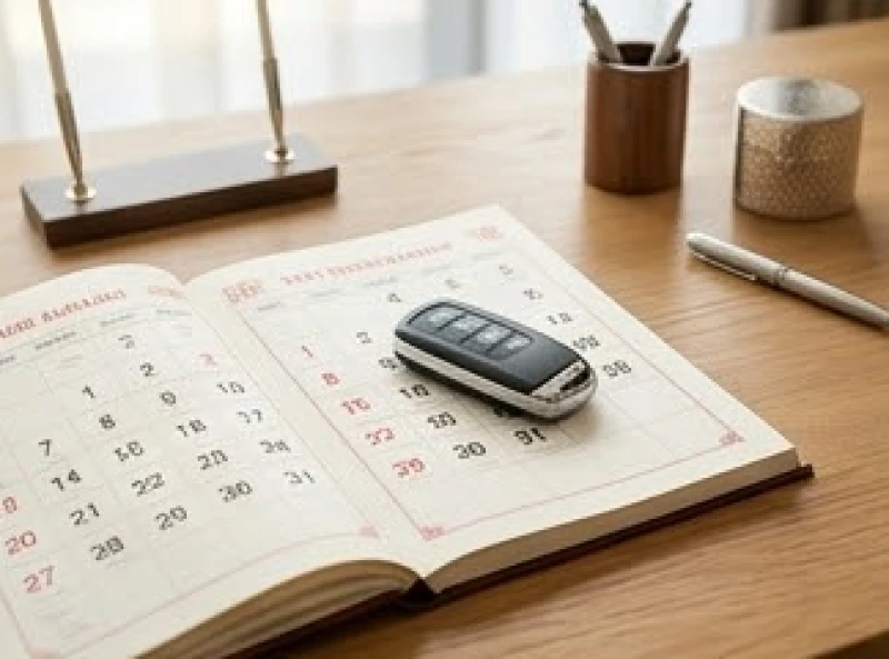 Cuốn lịch vạn niên và chìa khóa xe ô tô đặt trên bàn gỗ tượng trưng cho việc chọn ngày tốt rước xe